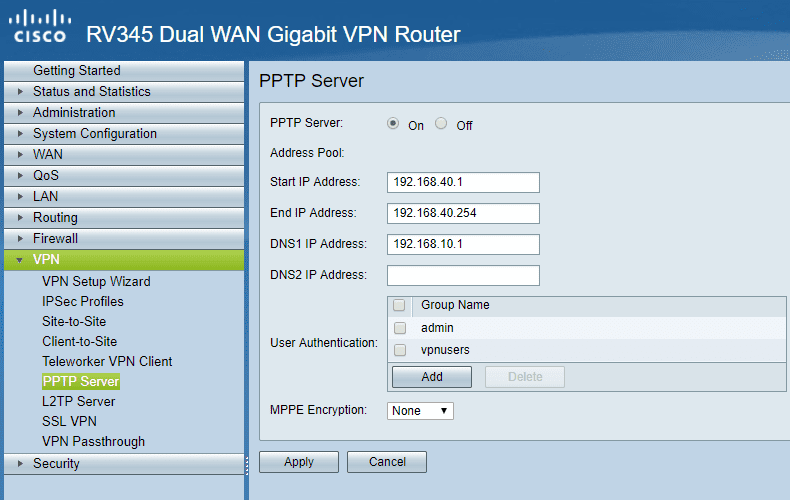 PPTP Configuration RV345